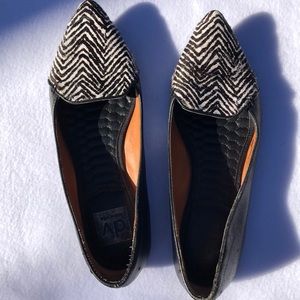 Zebra calf hair animal pointy toe black flats